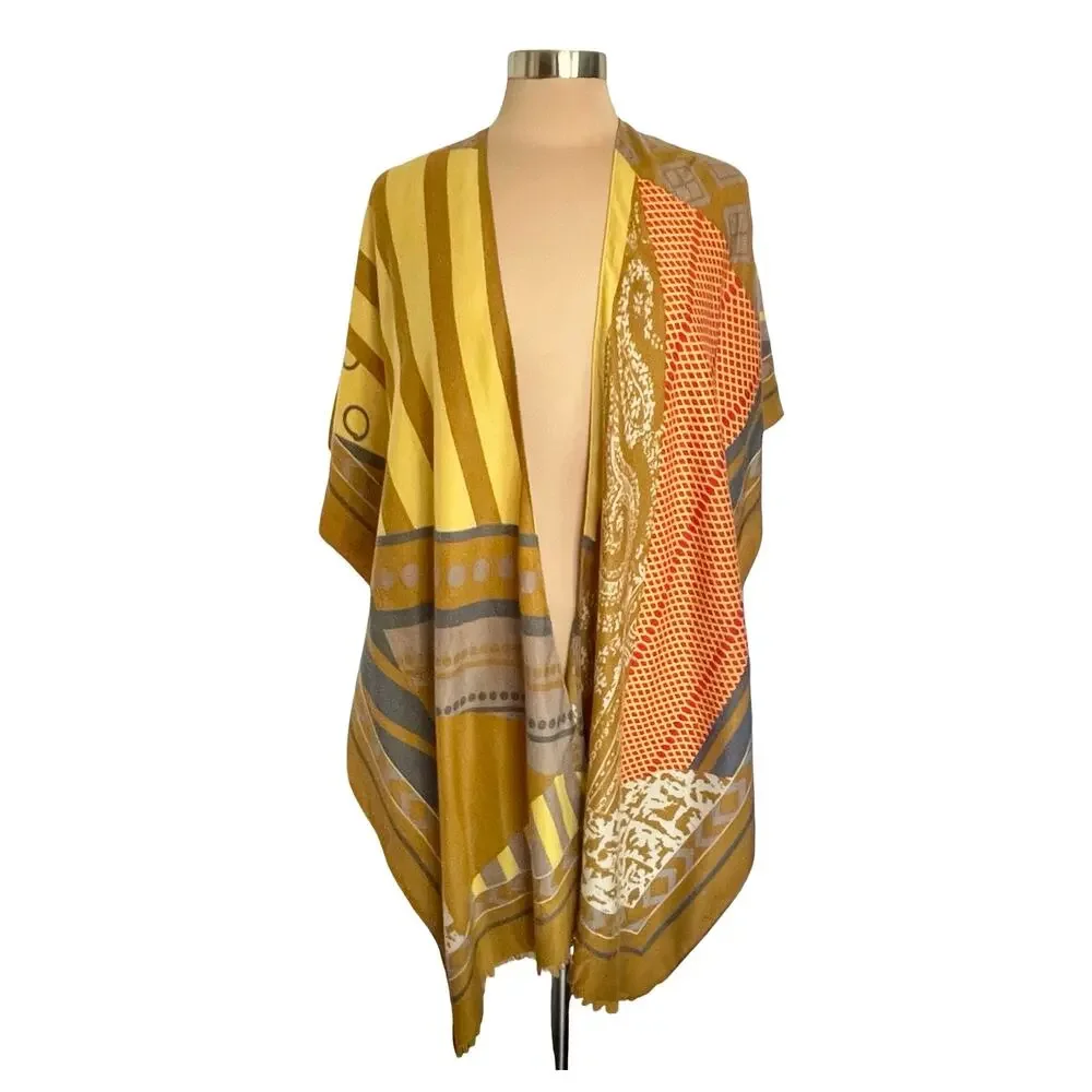 Janice Apparel Wool Blend Kimono Wrap Scarf Multicolor Abstract Art-to-Wear